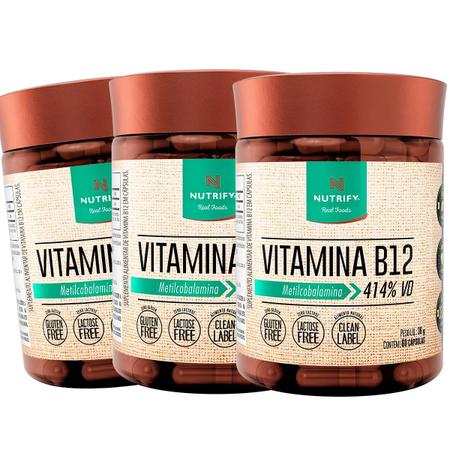 Imagem de Kit 3 Potes Vitamina B12 Metilcobalamina Suplemento Alimentar Natural 414% VD 180 Cápsulas Nutrify Original 100% Puro