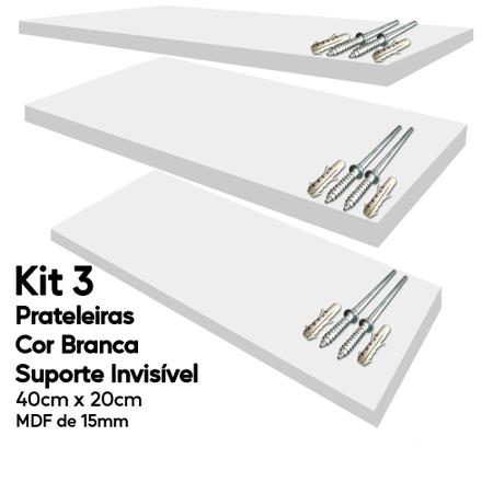 Imagem de Kit 3 Prateleiras Brancas Mdf 40x20 Suporte Invisível Decora