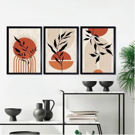 Imagem de Kit 3 Quadros Bohos Folhas E Círculos Terracota 45X34Cm