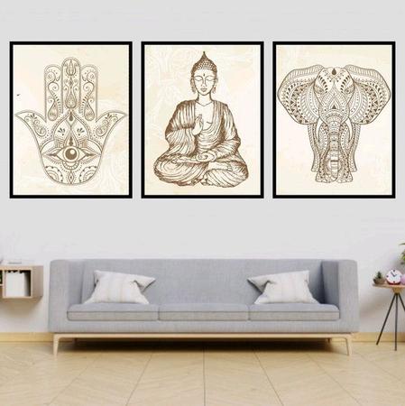 Imagem de Kit 3 Quadros Buda Zen, Hamsa, Elefante 24x18cm - com vidro