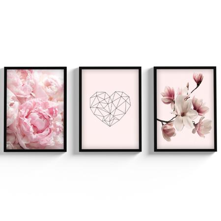 Imagem de Kit 3 Quadros Decorativos Floral Com Moldura e Vidro Para Sala Quarto Flores