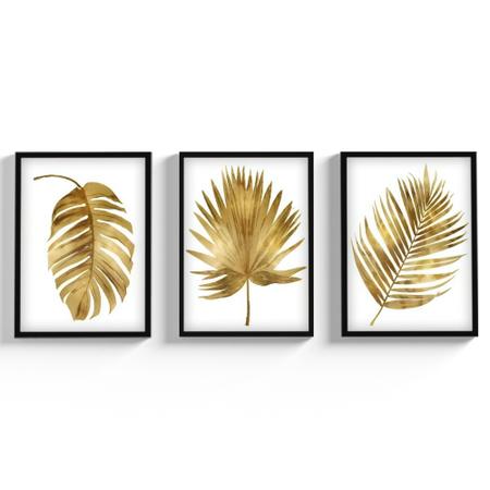 Imagem de Kit 3 Quadros Decorativos Moldura Vidro Folhagem Dourada