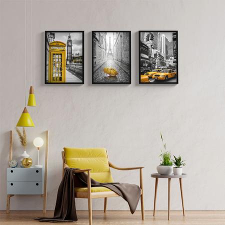 Imagem de Kit 3 Quadros Decorativos Sala Cidades Amarelo Moldura Vidro Torre Eiffel Londres Nova York