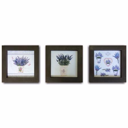 Imagem de Kit 3 quadros, flores lavanda, moldura marrom, 14 x 14 cm