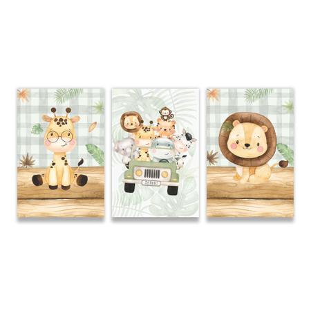 Imagem de Kit 3 quadros Infantil Safari Menino Bebê Decoração Quarto