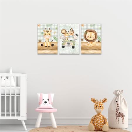 Imagem de Kit 3 quadros Infantil Safari Menino Bebê Decoração Quarto