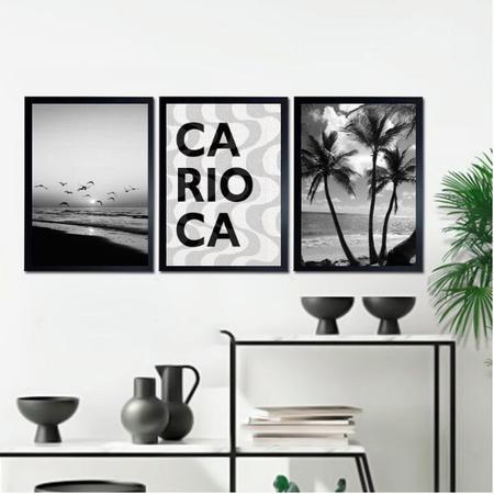 Imagem de Kit 3 Quadros Rio De Janeiro Carioca Praia Preto E Branco 24x18cm - com vidro