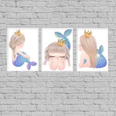 Imagem de Kit 3 Quadros Sereinha Infantil Menina 45X34Cm