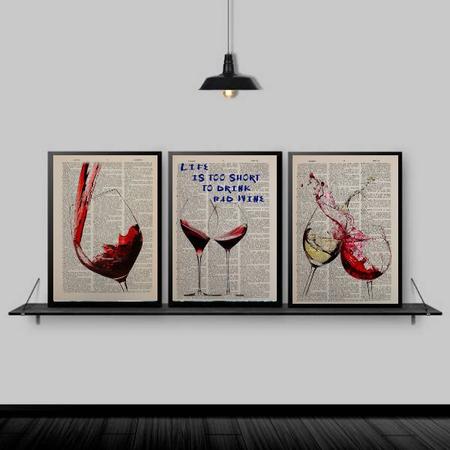 Imagem de Kit 3 Quadros Vinhos Life Is Too Short 24x18cm - com vidro