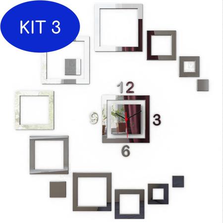 Imagem de Kit 3 Relógio Parede Espelho Acrílico Quadrados Sala Quarto