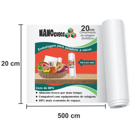 Imagem de Kit 3 Rolos Nanocubos 20x500cm Embalagem Sacos refil bobina com Ranhura Gofrada para Seladora A Vácuo