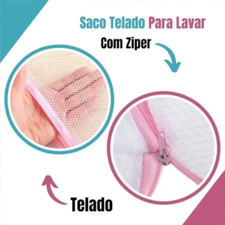 Imagem de Kit 3 Sacos De Lavar Roupa Delicada Bebe Intima Telada com Zíper Roupas Sem Bolinhas