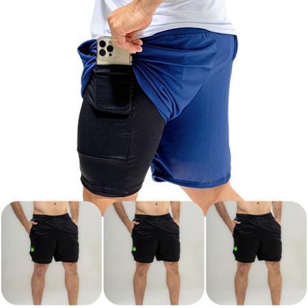 Imagem de Kit 3 Short Academia Masculino 2 em 1 Dry-Fit Respirável Térmico Com Proteção UV50