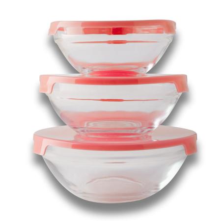 Imagem de Kit 3 Tigela Vidro Bowl Com Tampa Multiuso Bacia Saladeira Vermelho