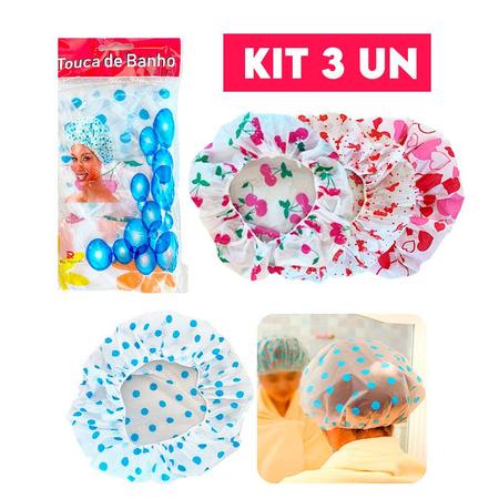 Imagem de Kit 3 Toucas Para Banho Plástico Impermeável Reutilizável