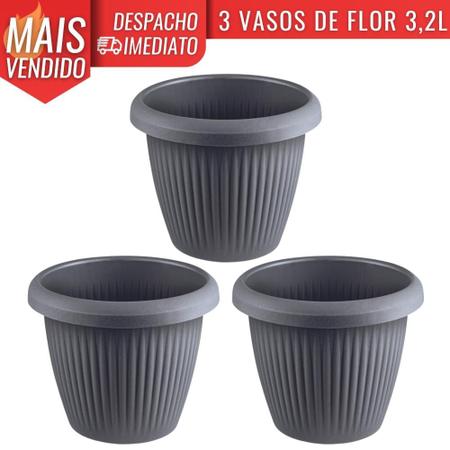Imagem de Kit 3 Vasos de Flor Plástico Médio s/Prato 3,2 Litros Moderno Decorativo