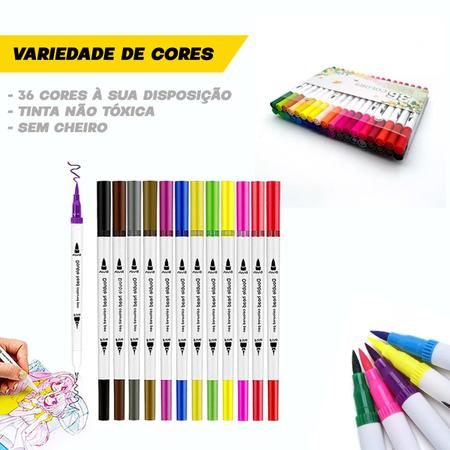 Imagem de Kit 36 Canetas Ponta Dupla Brush Pincel Canetinha Desenhar Pintura Escolar Material Artes