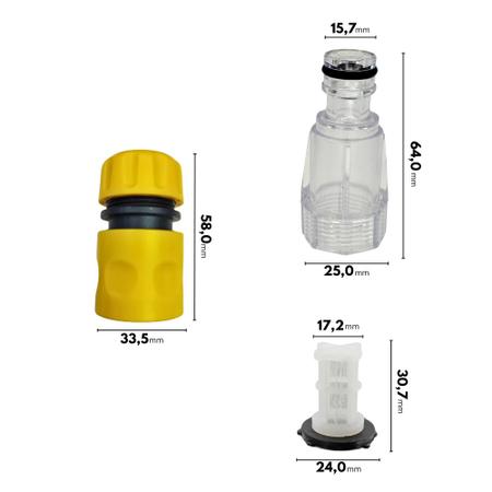 Imagem de Kit 3un Conector com Filtro e Engate Amarelo Compatível com Lavajato Lavor Wash Deltajet Clean