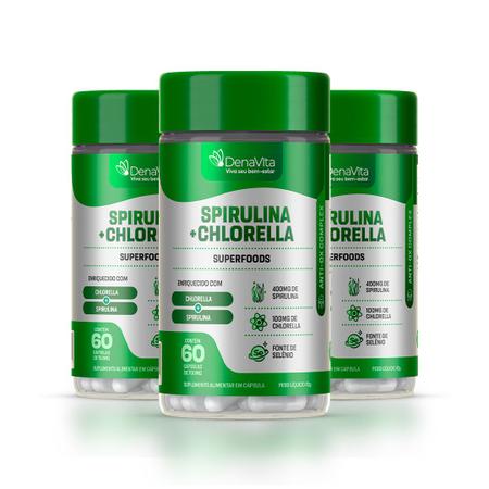 Imagem de Kit 3x Spirulina 2x1, Rico em Proteínas, Vitamina B, Selênio, 180 Cápsulas - Denavita