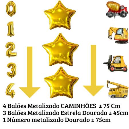 Imagem de Kit 4 Balões Metalizados Construção, Guindaste, Retroescavadeira, Empilhadeira, Betoneira + 3 Estrelas + Número Gigante