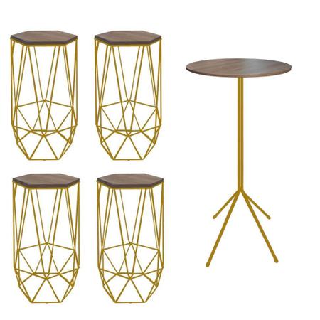 Imagem de Kit 4 Banquetas Liz + 1 Mesa Bistrô Nunno Industrial Ferro Dourado MDF Carvalho - Ahazzo Móveis