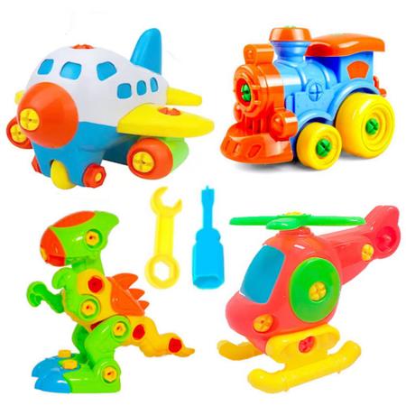 Imagem de Kit 4 Brinquedos Didáticos de Montar Dinossauro Helicóptero Trem e Avião