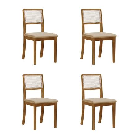 Imagem de Kit 4 Cadeiras de Jantar Madeira Maciça Mel Encosto Telinha Palha Estofada Linho Bege Rubi