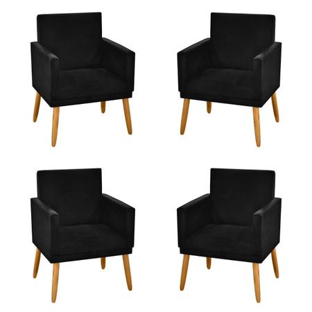 Imagem de Kit 4 Cadeiras Poltronas Para Sala de Estar Recepção Escritório Decorativa Nina Pés Madeira Palito C/ Rodapé Suede Preto