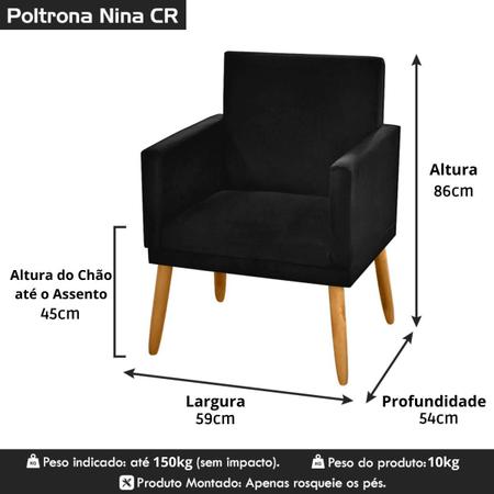 Imagem de Kit 4 Cadeiras Poltronas Para Sala de Estar Recepção Escritório Decorativa Nina Pés Madeira Palito C/ Rodapé Suede Preto