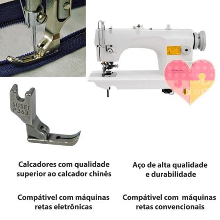 Imagem de Kit 4 Calcadores de Ziper Pé Calcador Lado Direito, Central estreito Zíper Invisível Para Maquina de Costura Reta Industrial Convencional e Eletrônica