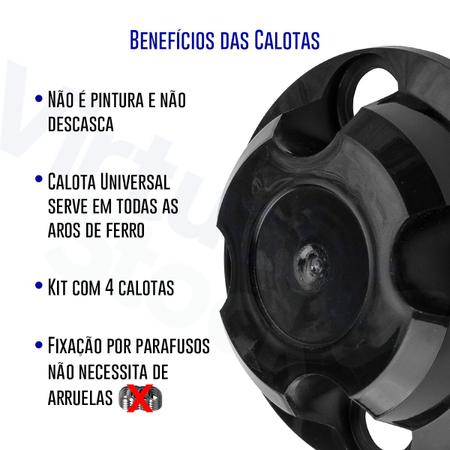 Imagem de Kit 4 Calotas Centrais Preta fiat Uno Roda de ferro Aro 13 14 15  4 Furos 4x100