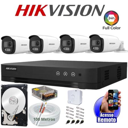 Imagem de Kit 4 Cameras Segurança Hikvision Colorvu Imagens Norturnas Coloridas Full Hd 20m 1080p c/hd