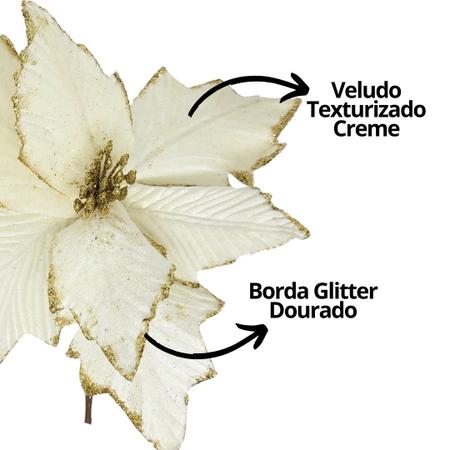 Imagem de Kit 4 Flores Pick Natal Bico de Papagaio Veludo Texturizado Creme e Dourado 20cm - Master Christmas