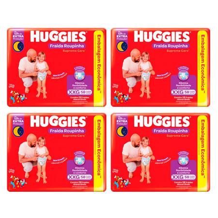 Imagem de Kit 4 Fralda Roupinha Huggies Supreme Care Tamanho XXG 58 Unidades Descartáveis cada