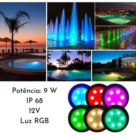 Imagem de Kit 4 Lâmpadas Luzes Luminárias Redondas Coloridas RGB De 6 Leds 9W 12V IP68 Submersível Subaquática Para Piscinas