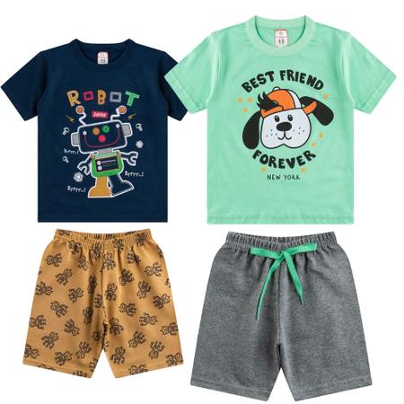 Imagem de Kit 4 Peças de Menino Infantil de Verão Calor com 2 Bermudas e 2 Camisetas de Algodão