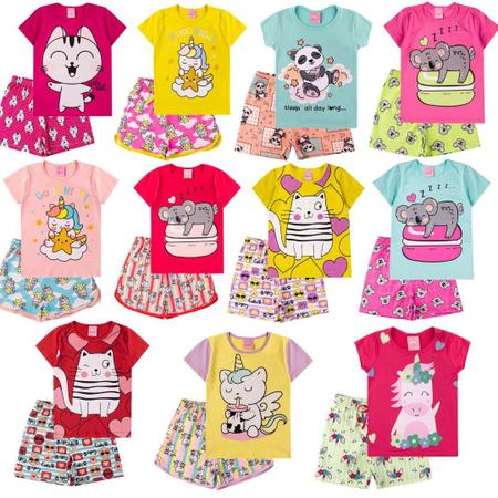 Imagem de Kit 4 Peças Sortidas de Pijama verão Infantil Menina - 2 Camisetas + 2 Bermudas - Kit 2 Conjuntos