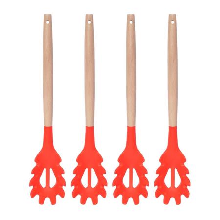 Imagem de Kit 4 Pegador de Silicone Vermelho Cabo Bambu Multiuso