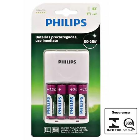 Imagem de Kit 4 Pilhas AA C/ Carregador 2450 mAh Recarregáveis Philips