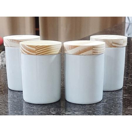 Imagem de kit 4 Porta Treco / Condimentos / Mantimentos 150ml - Potes Porcelana Tampa pinus