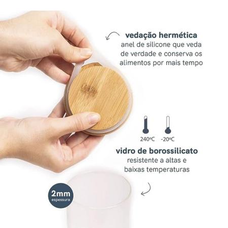 Imagem de Kit 4 Potes Hermético de Vidro Tampa Bambu p/ Mantimentos Condimentos Alimentos Jogo Organizador