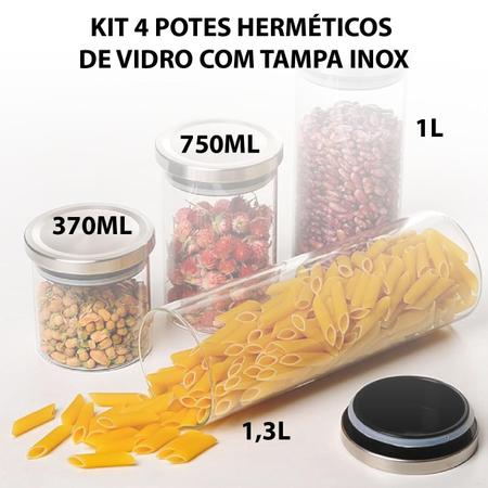 Imagem de Kit 4 potes hermeticos para armazenar alimentos alta qualidade inox (370ml + 750ml + 1l + 1,3l) mimo style