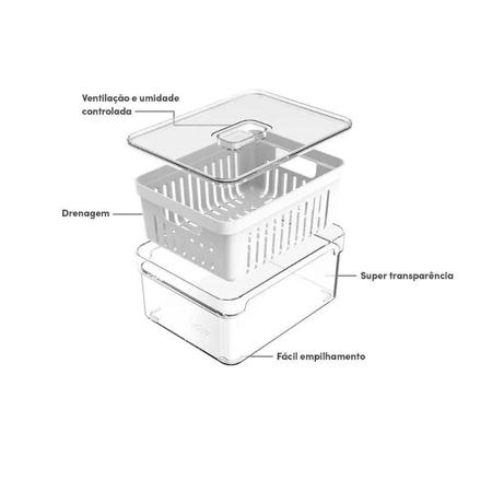 Imagem de Kit 4 Potes Organizadores De Geladeira Com Cesto Interno Drenagem de Água Clear Fresh 2,2L Alimentos Frutas Saladas Verduras