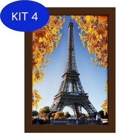 Imagem de Kit 4 Quadro Foto Paris Torre Eiffel e Flores Moldura Marrom