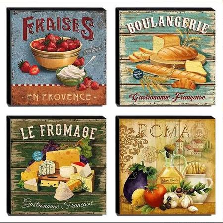 Imagem de Kit 4 Quadros Cozinha Vintage Alimentos Canvas 30x30cm-Coz222