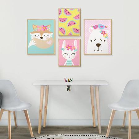 Imagem de Kit 4 Quadros Infantil Decorativo para Quarto Moldura Caixa Animais Coloridos e Flores 