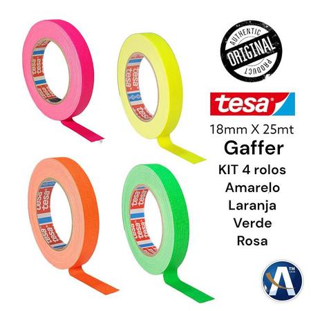 Imagem de KIT 4 rls Fita Tecido Gaffer Tape Tesa 18mmX25m Fluorescente