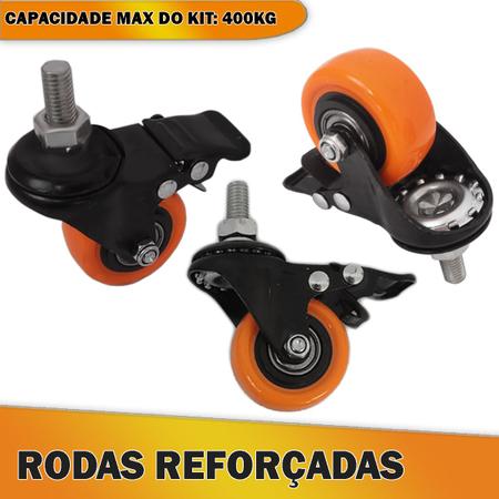 Imagem de Kit 4 Rodízio Rodinhas Giratórias Borracha Com Espiga Parafuso Freio Trava Peso 400kg