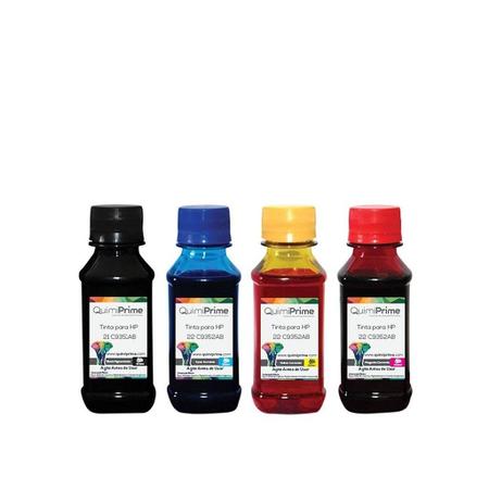 Imagem de Kit 4 Tinta Tankfull Para HP 21 C9351A e 22 C9352A para Impressoras F4180 J3680 F380 1410 D2460 de 100ml QuimiPrim