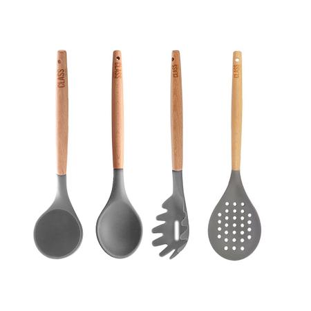 Imagem de Kit 4 Utensílios Espumadeira Colher Concha Bambu Silicone